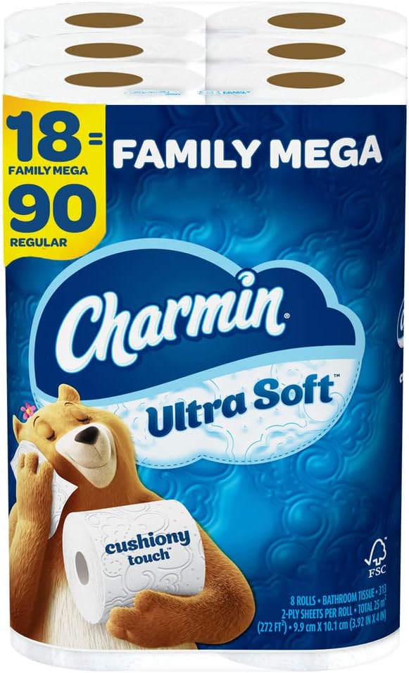 Charmin Ultra Soft Cushiony Touch Toilet Paper. 18 Family Mega Rolls