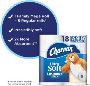 Charmin Ultra Soft Cushiony Touch Toilet Paper. 18 Family Mega Rolls