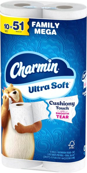 Charmin Ultra Soft Cushiony Touch Toilet Paper. 30 Family Mega Rolls