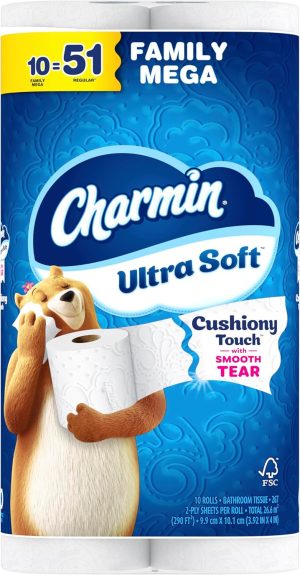 Charmin Ultra Soft Cushiony Touch Toilet Paper. 30 Family Mega Rolls