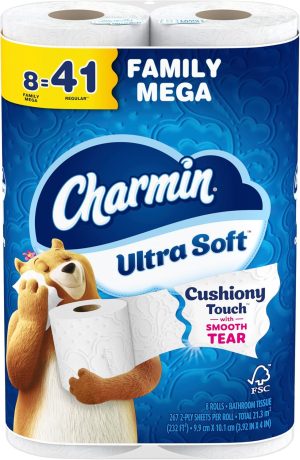 Charmin Ultra Soft Cushiony Touch Toilet Paper. 24 Family Mega Rolls