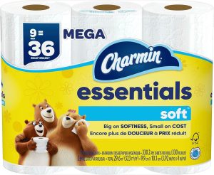 Charmin Essentials Soft Toilet Paper. 9 Mega Rolls = 36 Regular Rolls
