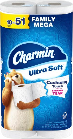 Charmin Ultra Soft Cushiony Touch Toilet Paper. 30 Family Mega Rolls