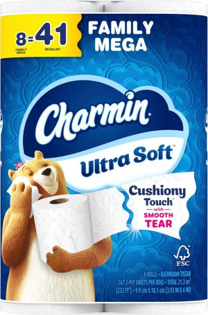 Charmin Ultra Soft Cushiony Touch Toilet Paper. 24 Family Mega Rolls